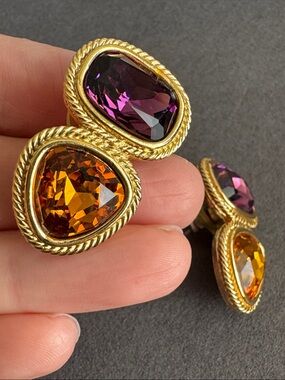 Vintage 1995 Napier Gold-Tone Earrings with Artificial Amethyst & Citrine